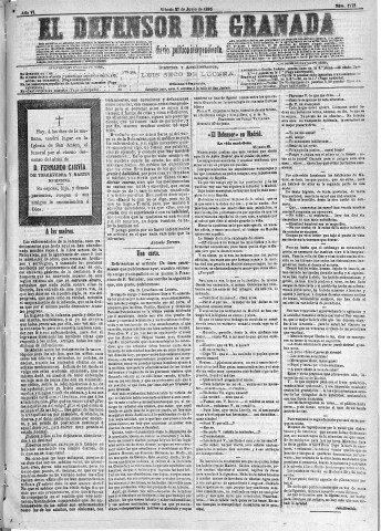 'El Defensor de Granada  : diario político independiente' - Año VI Número 1773  - 1885 Junio 27