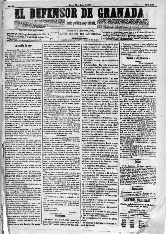 'El Defensor de Granada  : diario político independiente' - Año VI Número 1775  - 1885 Junio 29