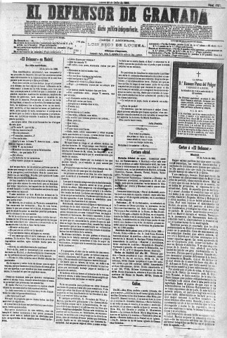 'El Defensor de Granada  : diario político independiente' - Año VI Número 1797  - 1885 Julio 20