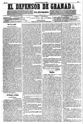 'El Defensor de Granada  : diario político independiente' - Año VI Número 1826  - 1885 Agosto 18