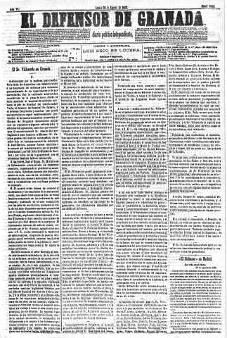 'El Defensor de Granada  : diario político independiente' - Año VI Número 1832  - 1885 Agosto 24