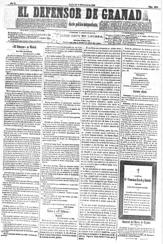 'El Defensor de Granada  : diario político independiente' - Año VI Número 1852  - 1885 Septiembre 14