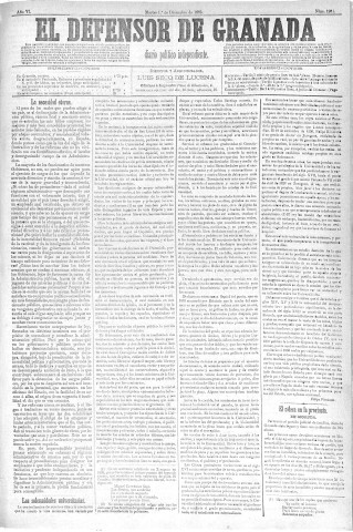'El Defensor de Granada  : diario político independiente' - Año VI Número 1931  - 1885 Diciembre 01