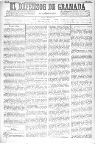 'El Defensor de Granada  : diario político independiente' - Año VI Número 1933  - 1885 Diciembre 03