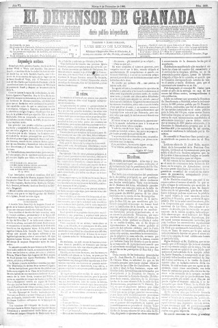 'El Defensor de Granada  : diario político independiente' - Año VI Número 1938  - 1885 Diciembre 08