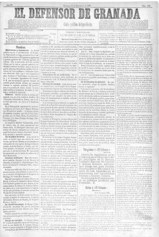 'El Defensor de Granada  : diario político independiente' - Año VI Número 1957  - 1885 Diciembre 27