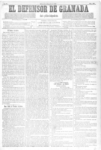 'El Defensor de Granada  : diario político independiente' - Año VI Número 1959  - 1885 Diciembre 29