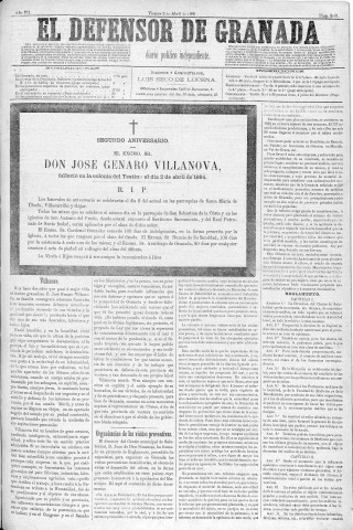 'El Defensor de Granada  : diario político independiente' - Año V Número 2061  - 1886 Abril 02