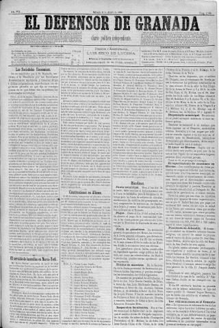 'El Defensor de Granada  : diario político independiente' - Año V Número 2062  - 1886 Abril 03