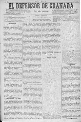 'El Defensor de Granada  : diario político independiente' - Año V Número 2106  - 1886 Mayo 18