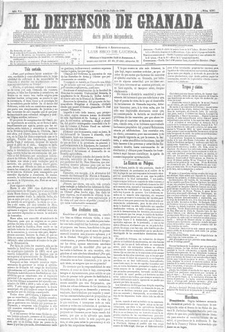 'El Defensor de Granada  : diario político independiente' - Año VII Número 2201  - 1886 Julio 17