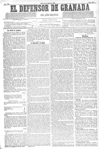 'El Defensor de Granada  : diario político independiente' - Año VII Número 2238  - 1886 Agosto 24
