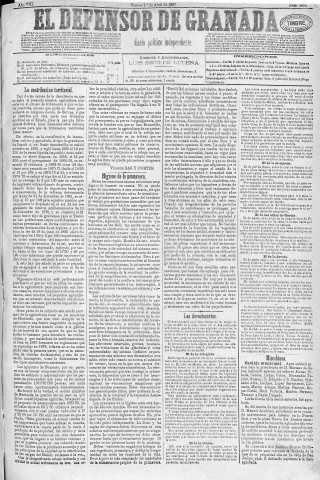 'El Defensor de Granada  : diario político independiente' - Año VIII Número 2454  - 1887 Abril 01
