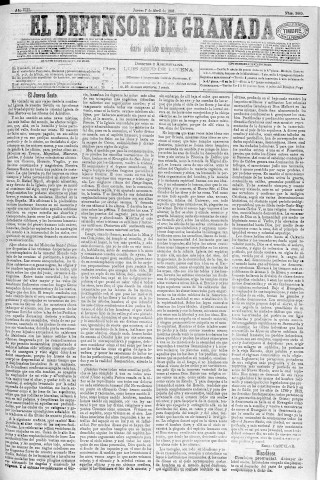 'El Defensor de Granada  : diario político independiente' - Año VIII Número 2460  - 1887 Abril 07