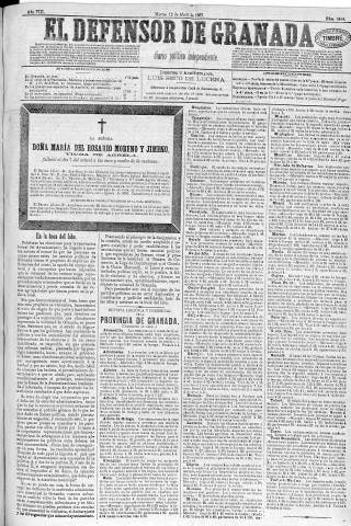 'El Defensor de Granada  : diario político independiente' - Año VIII Número 2464  - 1887 Abril 12