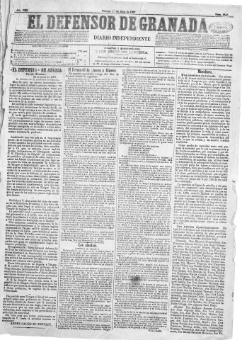 'El Defensor de Granada  : diario político independiente' - Año VIII Número 2543  - 1887 Julio 01