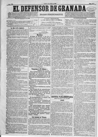 'El Defensor de Granada  : diario político independiente' - Año VIII Número 2545  - 1887 Julio 04