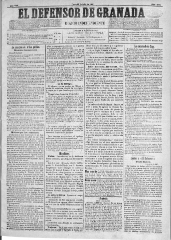 'El Defensor de Granada  : diario político independiente' - Año VIII Número 2552  - 1887 Julio 11