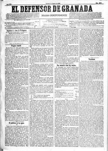 'El Defensor de Granada  : diario político independiente' - Año VIII Número 2576  - 1887 Agosto 04