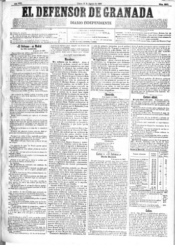 'El Defensor de Granada  : diario político independiente' - Año VIII Número 2580  - 1887 Agosto 08