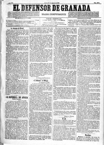 'El Defensor de Granada  : diario político independiente' - Año VIII Número 2590  - 1887 Agosto 18