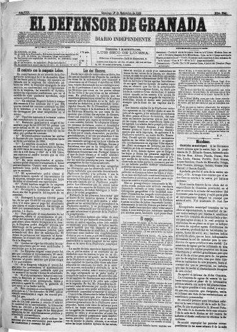 'El Defensor de Granada  : diario político independiente' - Año VIII Número 2621  - 1887 Septiembre 18