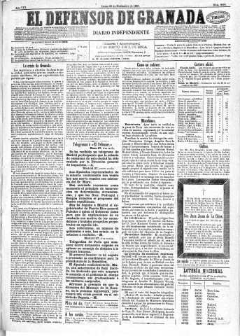 'El Defensor de Granada  : diario político independiente' - Año VIII Número 2696  - 1887 Noviembre 28