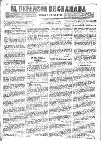 'El Defensor de Granada  : diario político independiente' - Año VIII Número 2700  - 1887 Diciembre 02