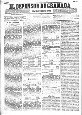 'El Defensor de Granada  : diario político independiente' - Año VIII Número 2706  - 1887 Diciembre 08
