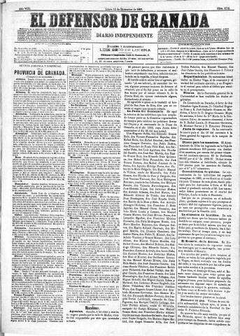 'El Defensor de Granada  : diario político independiente' - Año VIII Número 2710  - 1887 Diciembre 12