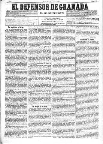'El Defensor de Granada  : diario político independiente' - Año VIII Número 2711  - 1887 Diciembre 13