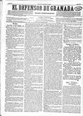 'El Defensor de Granada  : diario político independiente' - Año VIII Número 2724  - 1887 Diciembre 27