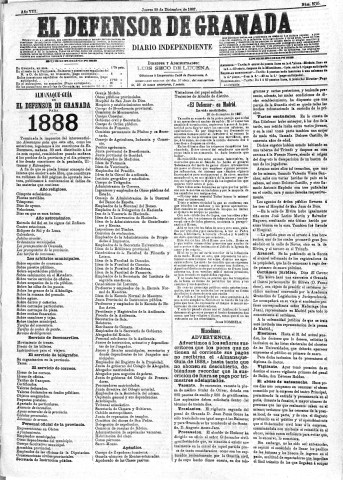 'El Defensor de Granada  : diario político independiente' - Año VIII Número 2725  - 1887 Diciembre 29