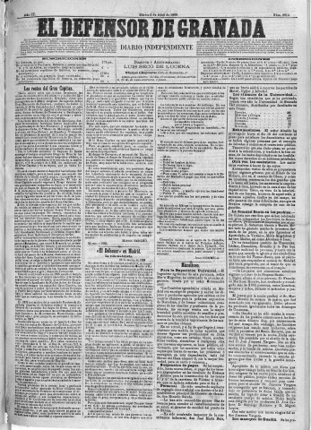 'El Defensor de Granada  : diario político independiente' - Año IX Número 2814  - 1888 Abril 03
