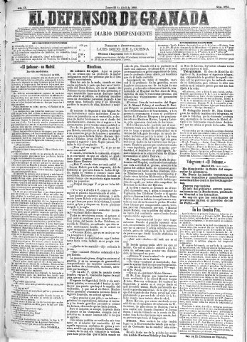 'El Defensor de Granada  : diario político independiente' - Año IX Número 2834  - 1888 Abril 23