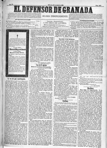 'El Defensor de Granada  : diario político independiente' - Año IX Número 2836  - 1888 Abril 25
