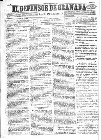 'El Defensor de Granada  : diario político independiente' - Año IX Número 2967  - 1888 Septiembre 03