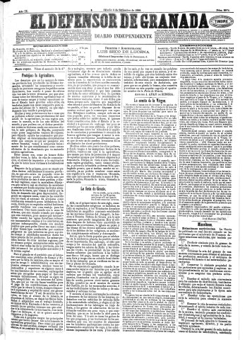 'El Defensor de Granada  : diario político independiente' - Año IX Número 2972  - 1888 Septiembre 08