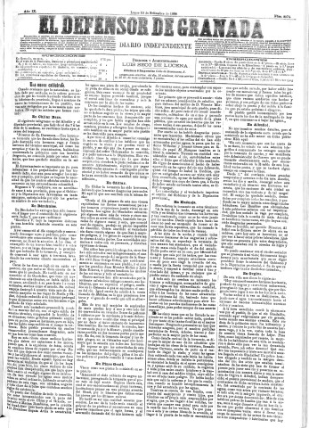 'El Defensor de Granada  : diario político independiente' - Año IX Número 2974  - 1888 Septiembre 10