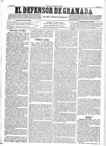 'El Defensor de Granada  : diario político independiente' - Año IX Número 2979  - 1888 Septiembre 15