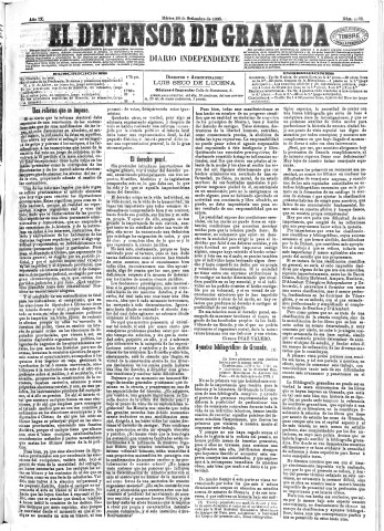 'El Defensor de Granada  : diario político independiente' - Año IX Número 2982  - 1888 Septiembre 18
