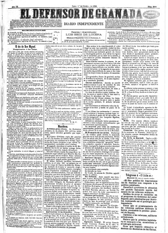 'El Defensor de Granada  : diario político independiente' - Año IX Número 2995  - 1888 Octubre 01