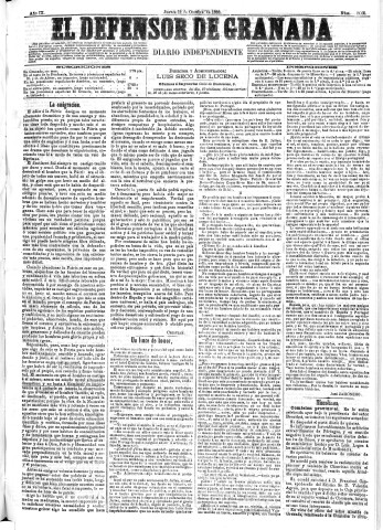 'El Defensor de Granada  : diario político independiente' - Año IX Número 3005  - 1888 Octubre 11