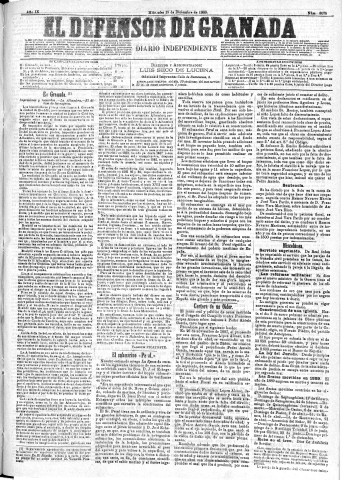 'El Defensor de Granada  : diario político independiente' - Año IX Número 3075  - 1888 Diciembre 19