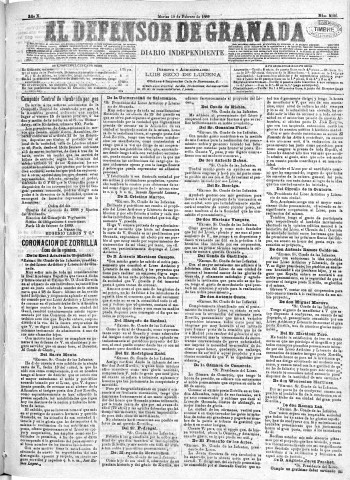 'El Defensor de Granada  : diario político independiente' - Año X Número 3136  - 1889 Febrero 19