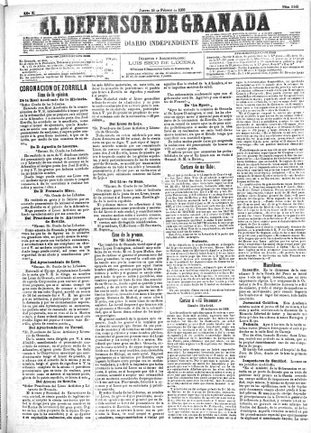 'El Defensor de Granada  : diario político independiente' - Año X Número 3145  - 1889 Febrero 28