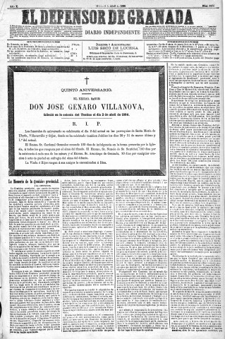 'El Defensor de Granada  : diario político independiente' - Año X Número 3176  - 1889 Abril 02