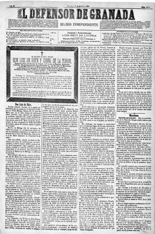 'El Defensor de Granada  : diario político independiente' - Año X Número 3181  - 1889 Abril 07