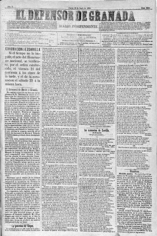 'El Defensor de Granada  : diario político independiente' - Año X Número 3254  - 1889 Junio 20