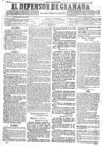 'El Defensor de Granada  : diario político independiente' - Año X Número 3264  - 1889 Julio 01